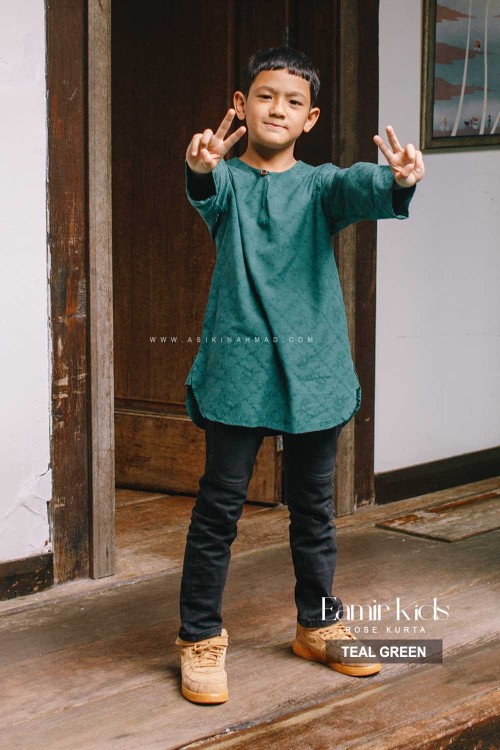 EAMIR KURTA KIDS in TEAL GREEN